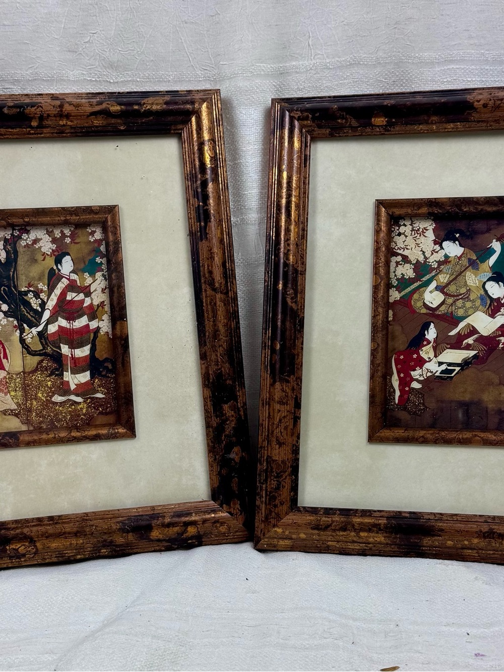 Pair VTG Chinoiserie Framed Japanese Woodblock 6” x 6.5” Ukiyo-e Style Prints